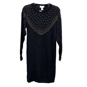 Deadstock 80s 90s Vintage Cowgirl Western Beaded Fringed Bedazzled Sweater Dress